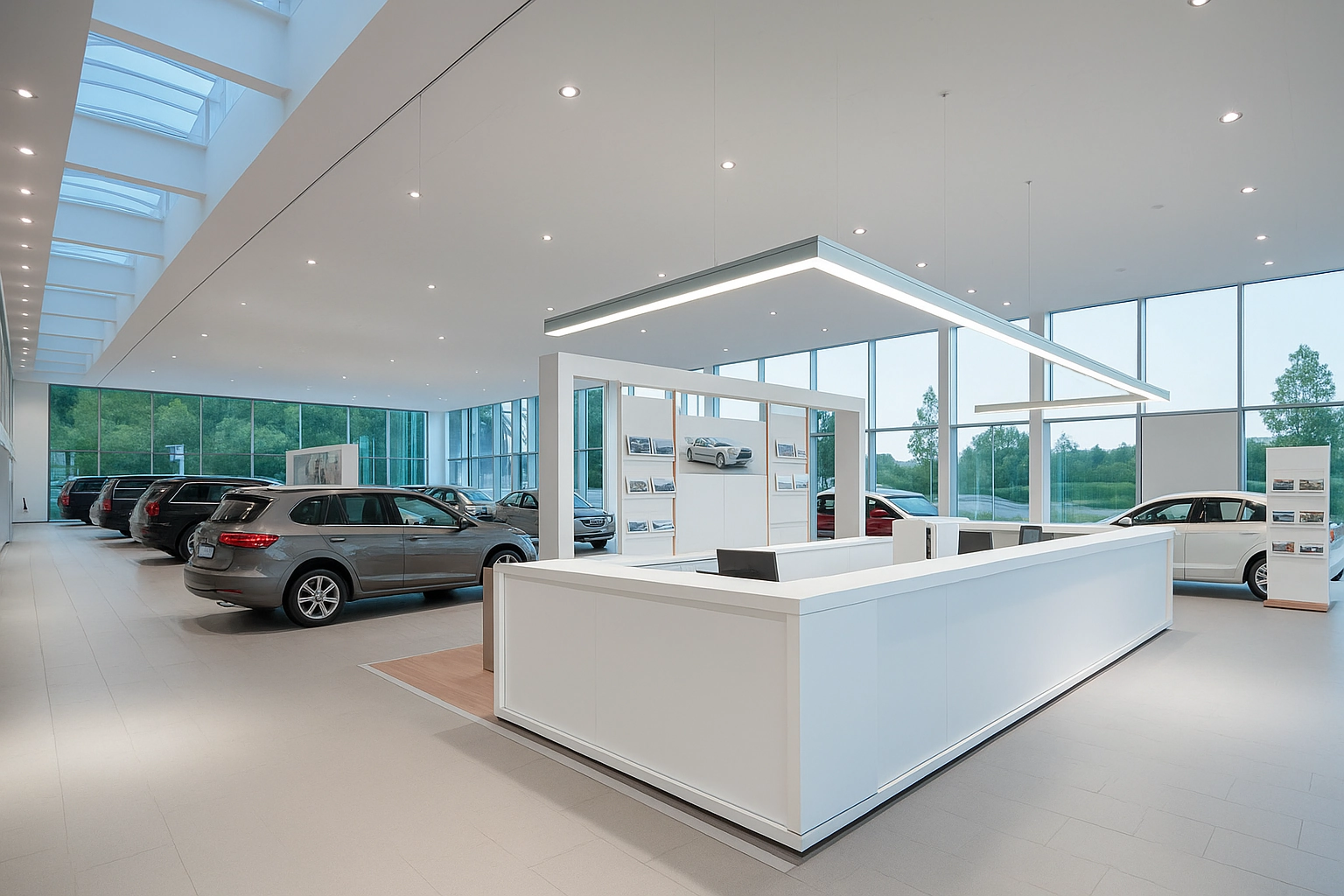 Ein modernes Autohaus mit glänzenden Fahrzeugen im Showroom